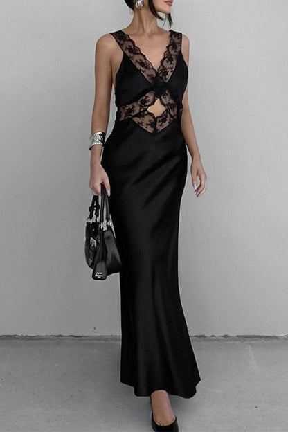 Vestido de noche sexy de encaje negro sin mangas con aberturas, vestido de baile TP1806