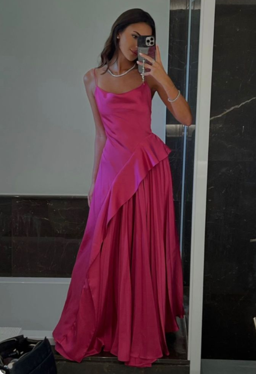 Vestido de fiesta largo con tirantes finos, corte A, de satén rosa suave y brillante, TP1812