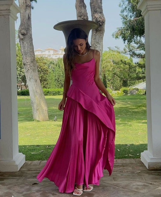 Vestido de fiesta largo con tirantes finos, corte A, de satén rosa suave y brillante, TP1812