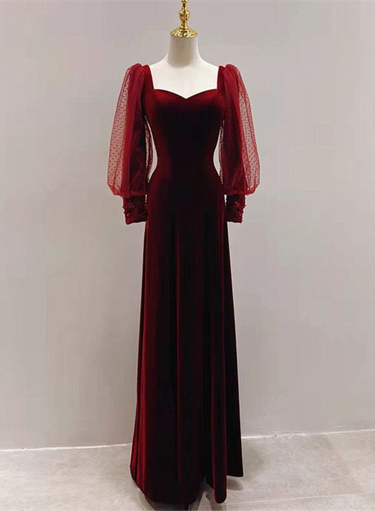 Vestido de noche burdeos de terciopelo con mangas largas y corte en A TP1813