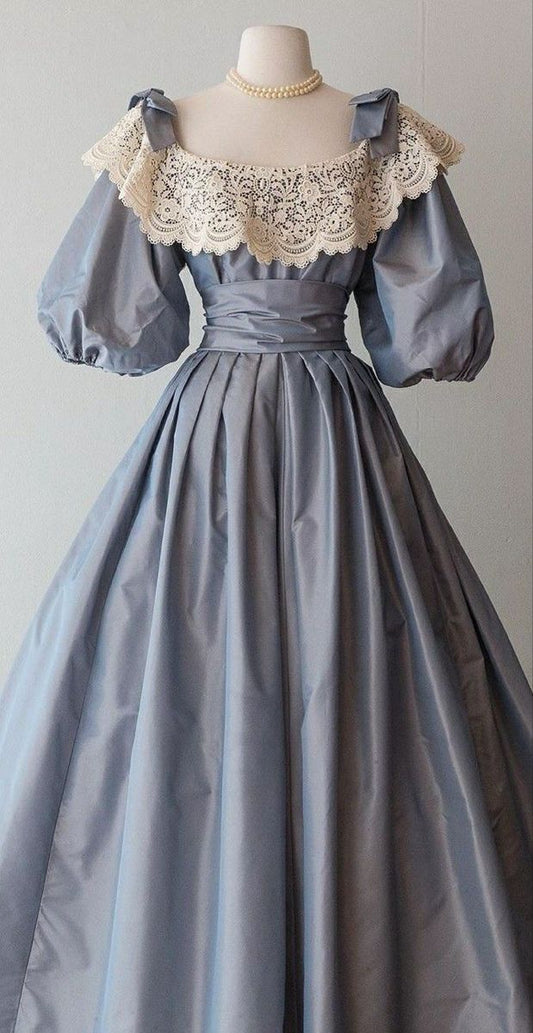 Vestido de fiesta largo vintage azul de corte A y manga corta TP1815