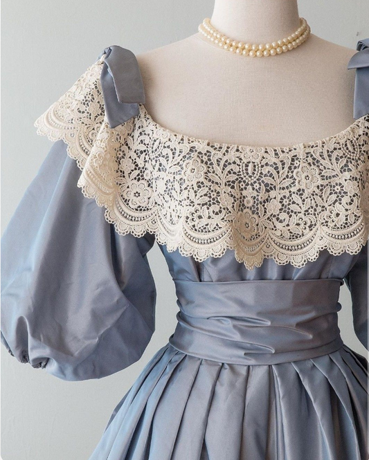 Vestido de fiesta largo vintage azul de corte A y manga corta TP1815