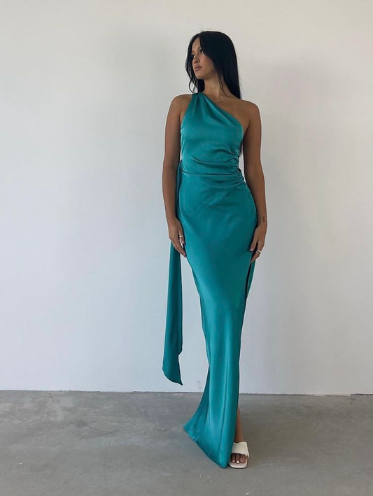 Vestido de noche largo de satén con abertura lateral y un hombro descubierto, corte sirena, sencillo, azul, TP1819