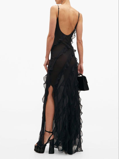 Sexy Black V-Neck Spaghetti Strap Open Back Mermaid Long Ball Gown TP1822