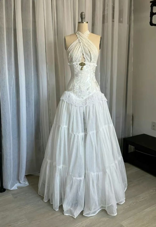 Vestido de novia vintage de encaje blanco, sin mangas y cuello halter, vestido de noche TP1825