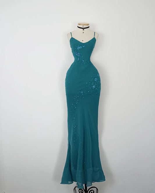 Vestido de noche largo con tirantes finos y lentejuelas de sirena azul TP1829