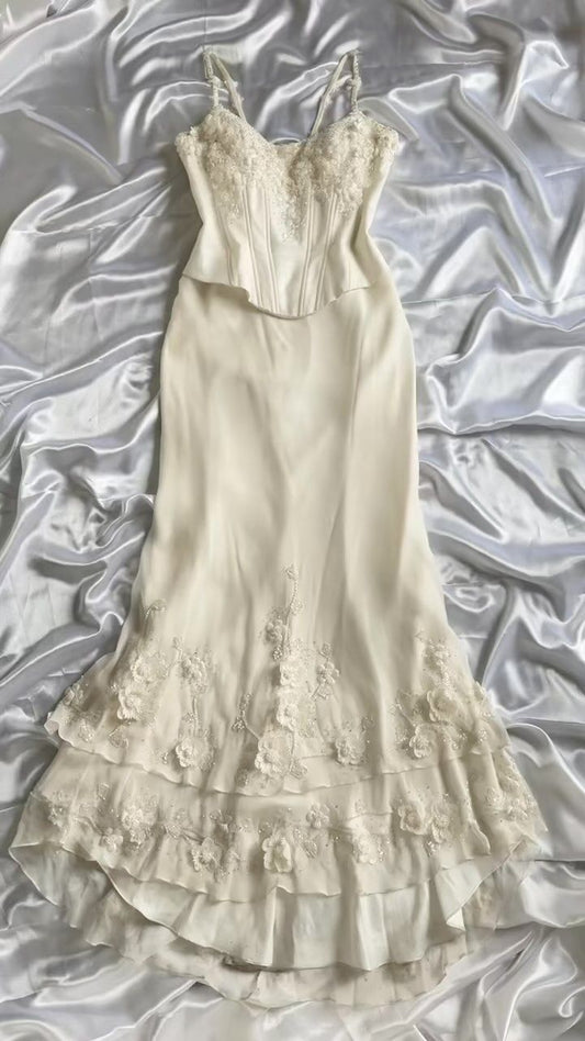 Vestido de noche de sirena blanco marfil con tirantes finos, encaje floral tridimensional, de seda, TP1831
