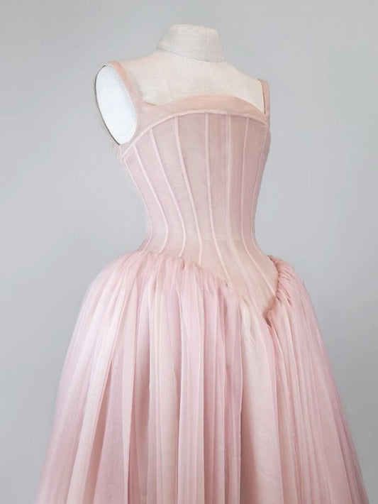 Vestido de noche rosa dulce de tul sin tirantes, corte A, para cumpleaños, TP1835