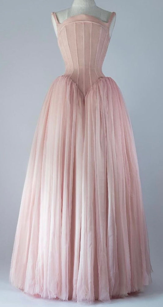 Vestido de noche rosa dulce de tul sin tirantes, corte A, para cumpleaños, TP1835