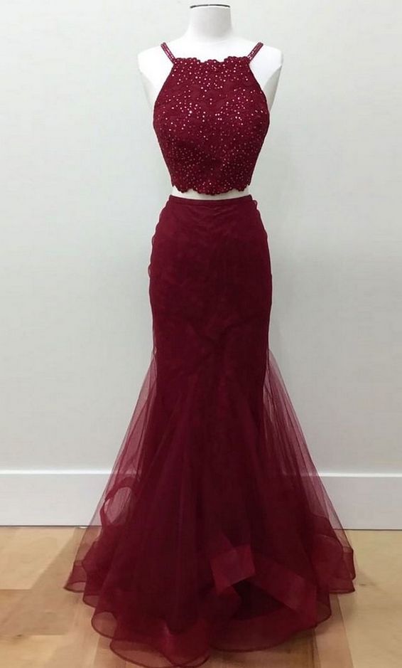 Vestido de gala de tul con cuentas, sin mangas, de dos piezas, color burdeos, TP1847