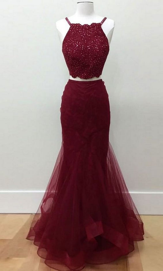 Vestido de gala de tul con cuentas, sin mangas, de dos piezas, color burdeos, TP1847