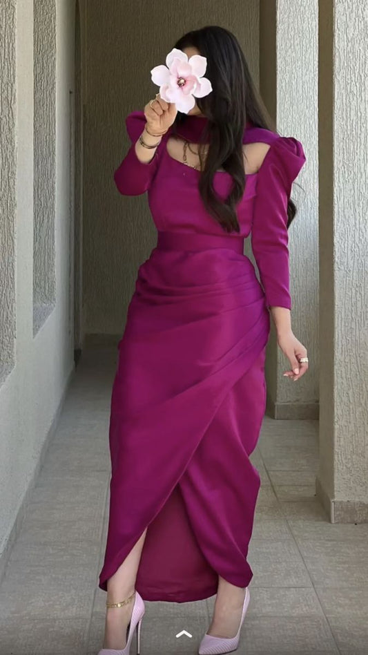 Vestido de fiesta elegante de satén con falda irregular y mangas largas de sirena morada TP1850