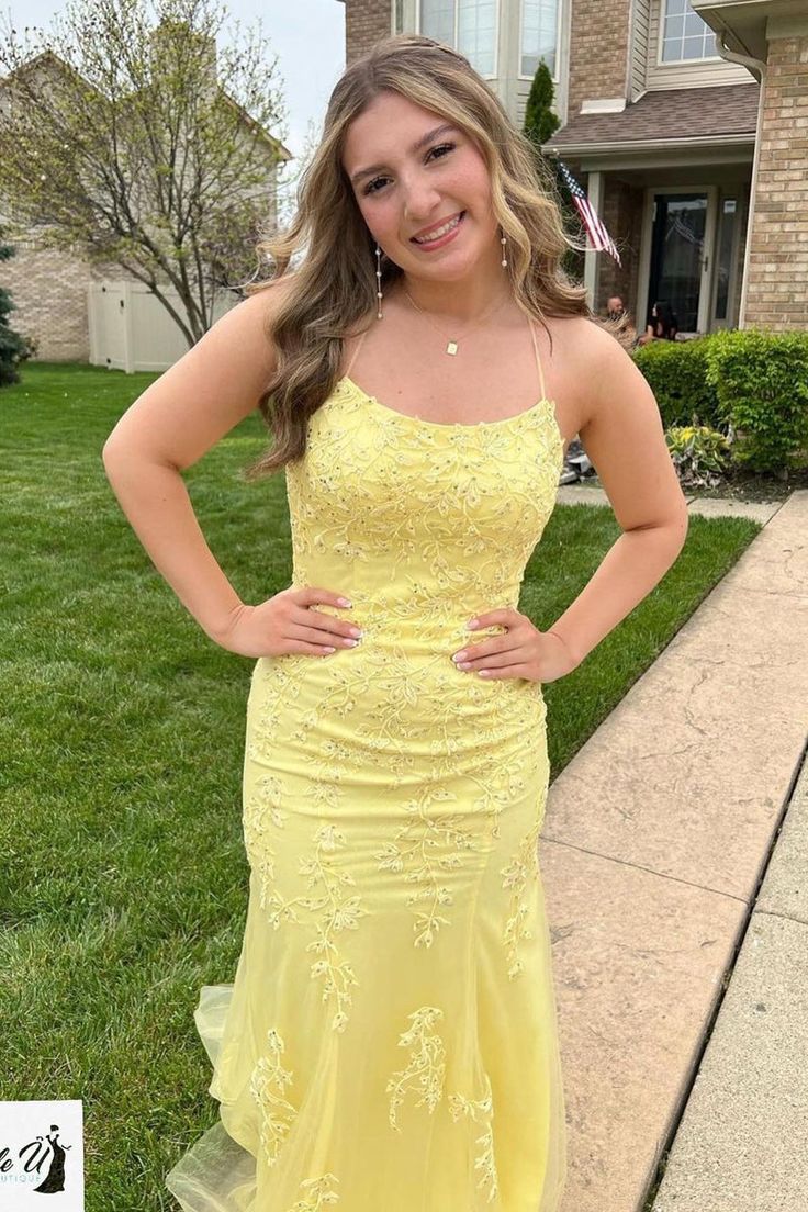 Vestido largo de tul con tirantes finos, color amarillo, estilo sirena, TP1852
