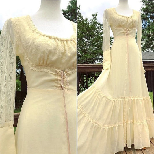 Hermoso vestido de noche amarillo con escote cuadrado y manga larga de encaje TP1854
