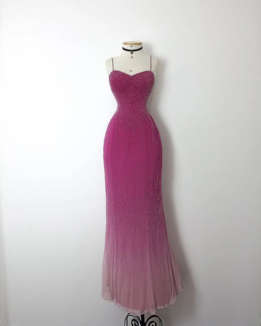 Gradient Pink Mermaid Spaghetti Strap Sequined Sparkling Long Ball Gown TP1845
