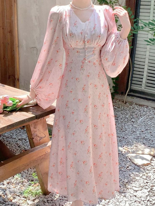 Vestido de fiesta rosa floral con escote en V, manga larga y corte A TP1855