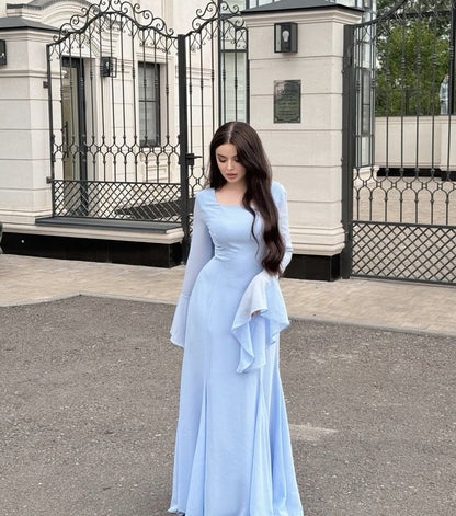 Vestido de noche formal sencillo de corte A con escote cuadrado y manga larga en azul TP1871
