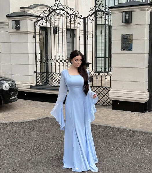 Vestido de noche formal sencillo de corte A con escote cuadrado y manga larga en azul TP1871