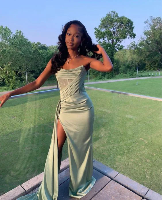 Green A-line satin high slit strapless ball gown evening dress TP1872