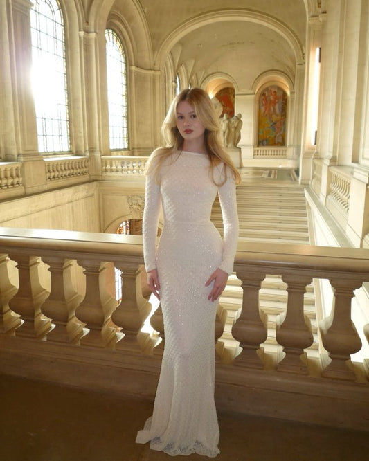 Vestido de noche formal largo de sirena, sencillo, blanco, con mangas largas y brillante, TP1877