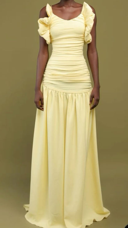 Vestido de noche largo elegante amarillo con escote en A, tirantes finos y hombros descubiertos TP1884
