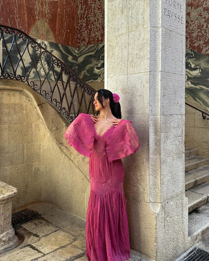 Vestido de fiesta retro morado de encaje, corte A, escote en V, manga larga TP1893