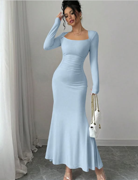 Vestido de fiesta sencillo de sirena azul con mangas largas TP1894