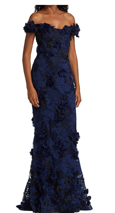 Elegante vestido de noche azul marino de corte sirena con hombros descubiertos, encaje con flores 3D, largo hasta el suelo, TP1906
