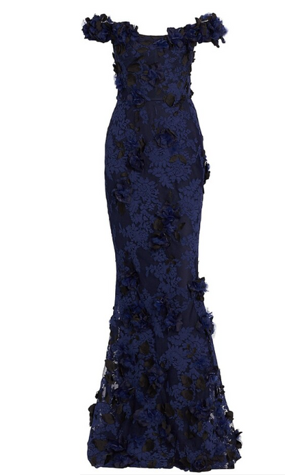 Elegante vestido de noche azul marino de corte sirena con hombros descubiertos, encaje con flores 3D, largo hasta el suelo, TP1906