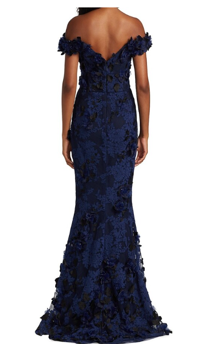Elegante vestido de noche azul marino de corte sirena con hombros descubiertos, encaje con flores 3D, largo hasta el suelo, TP1906