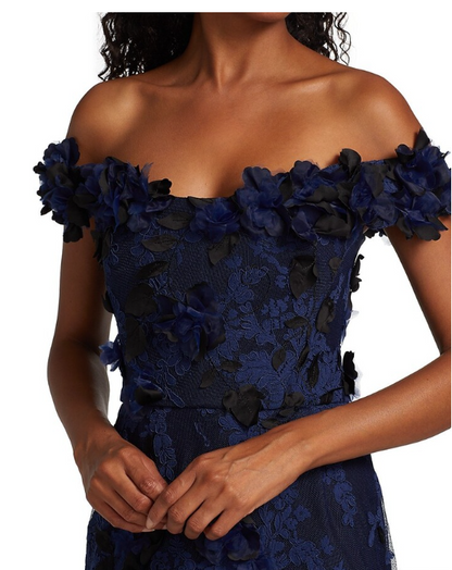 Elegante vestido de noche azul marino de corte sirena con hombros descubiertos, encaje con flores 3D, largo hasta el suelo, TP1906