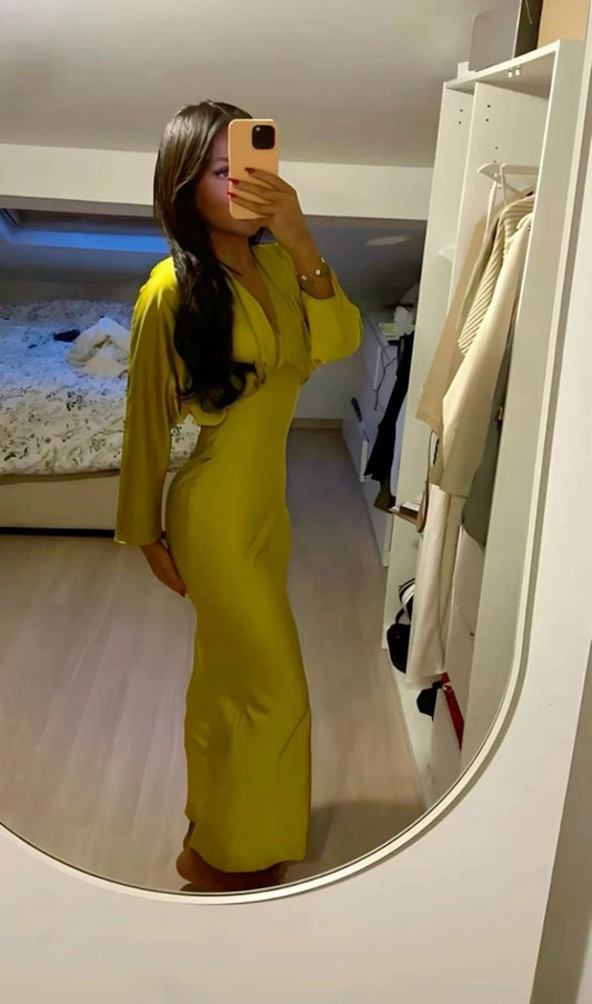 Vestido de noche formal de sirena amarillo con escote en V profundo, manga larga, satén, largo hasta los tobillos TP1908