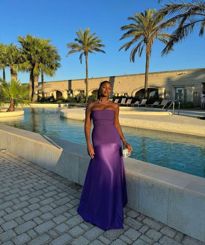 Vestido de noche formal de satén sin tirantes, con escote palabra de honor y corte sirena en morado, TP1911