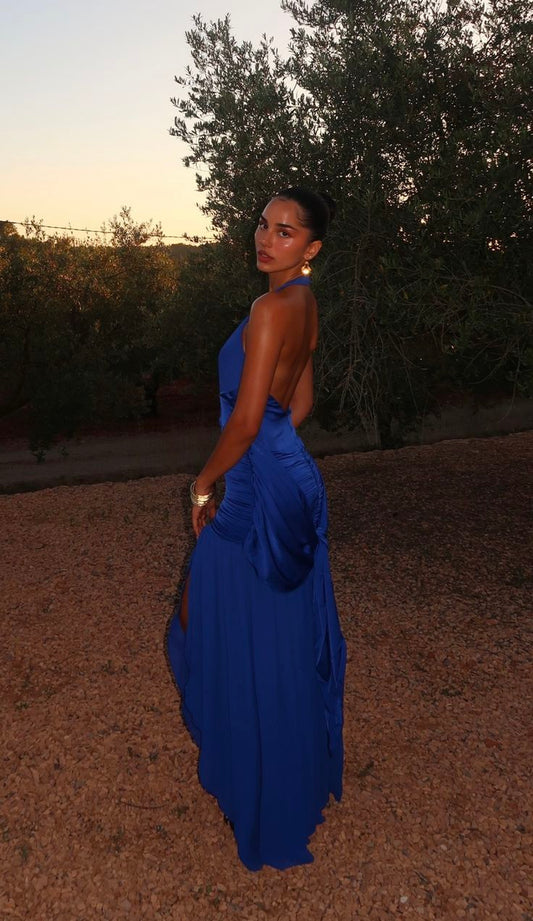 Vestido de noche formal de satén azul zafiro, sexy, con escote en V, cuello halter y espalda descubierta, TP1916
