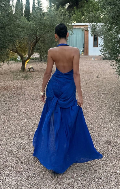 Vestido de noche formal de satén azul zafiro, sexy, con escote en V, cuello halter y espalda descubierta, TP1916