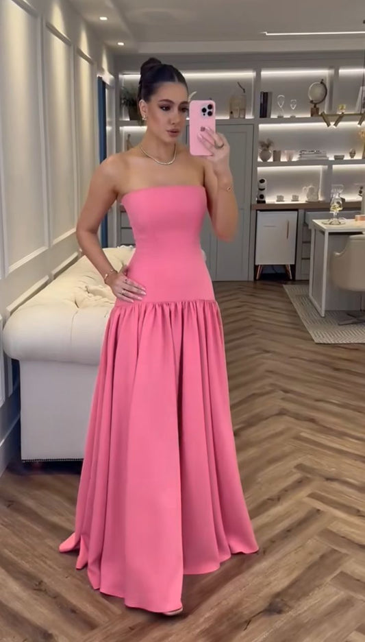 Vestido de noche sencillo rosa de corte A, sin tirantes, con hombros descubiertos y largo hasta el suelo TP1919