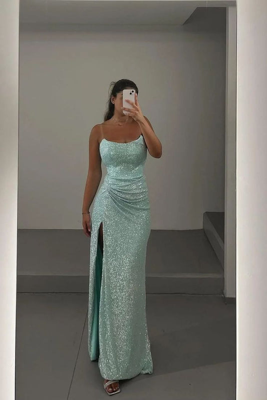 Elegante vestido de noche formal con abertura alta y lentejuelas, sin tirantes, verde, TP1923
