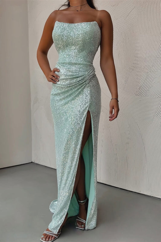 Elegante vestido de noche formal con abertura alta y lentejuelas, sin tirantes, verde, TP1923