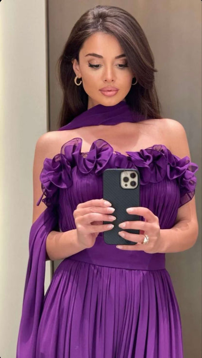 Vestido de noche formal de gasa con abertura alta, sin mangas, corte A, color morado, encantador, TP1924