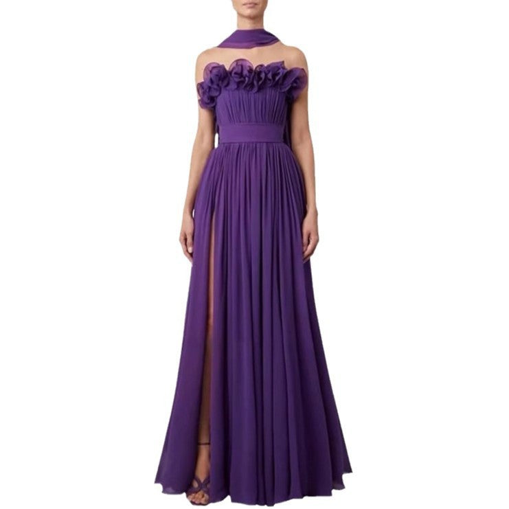 Vestido de noche formal de gasa con abertura alta, sin mangas, corte A, color morado, encantador, TP1924