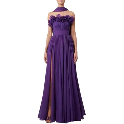 Vestido de noche formal de gasa con abertura alta, sin mangas, corte A, color morado, encantador, TP1924