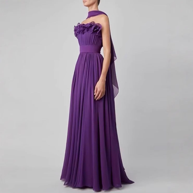 Vestido de noche formal de gasa con abertura alta, sin mangas, corte A, color morado, encantador, TP1924
