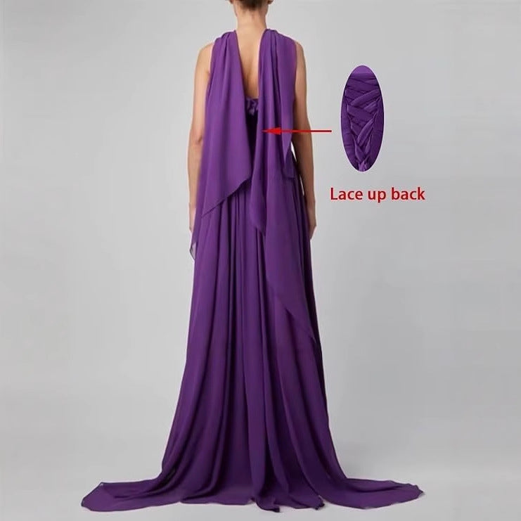 Vestido de noche formal de gasa con abertura alta, sin mangas, corte A, color morado, encantador, TP1924