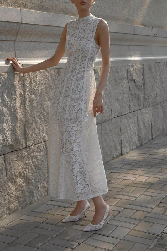 Vestido de noche formal sencillo de corte A, cuello alto, sin mangas y encaje, TP1927