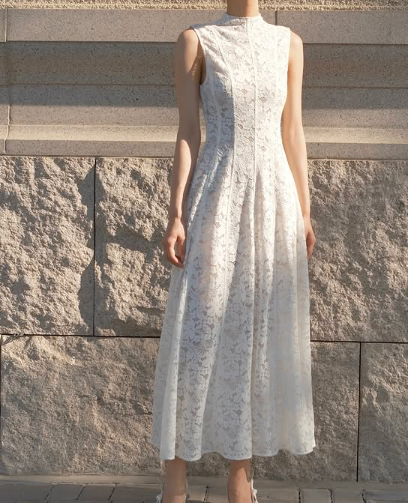Vestido de noche formal sencillo de corte A, cuello alto, sin mangas y encaje, TP1927