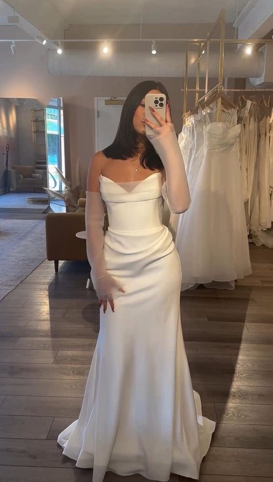 Vestido de novia largo de satén estilo sirena, con escote en V y hombros descubiertos, color blanco, TP1928