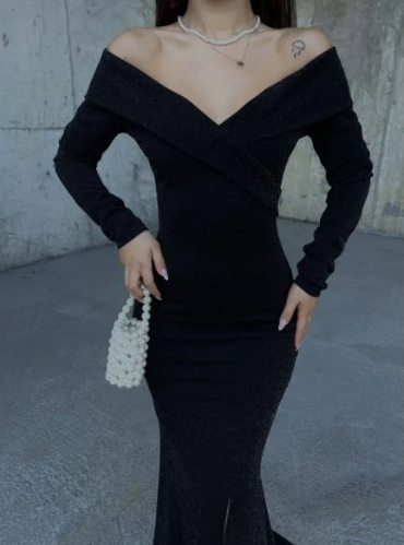 Vestido de noche formal con escote en V, hombros descubiertos, manga larga, corte sirena, abertura y purpurina, TP1930