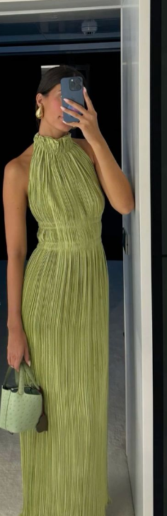 Vestido de noche elegante, verde, sin cuello, sin mangas, plisado, largo hasta el tobillo, formal, para fiesta de graduación, TP1935