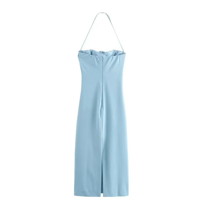 Vestido de fiesta sencillo azul con cuello halter, diseño de sirena con flores 3D y largo hasta los tobillos TP1937