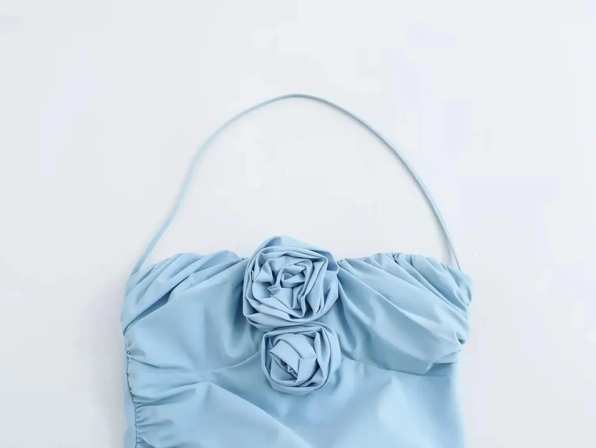 Vestido de fiesta sencillo azul con cuello halter, diseño de sirena con flores 3D y largo hasta los tobillos TP1937